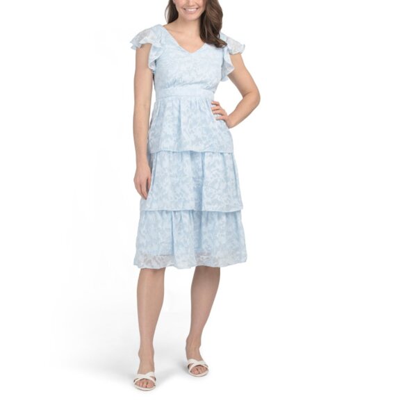 JULIA JORDAN Light Blue Multi V-neck Triple Tiered Midi Dress - Picture 1 of 2